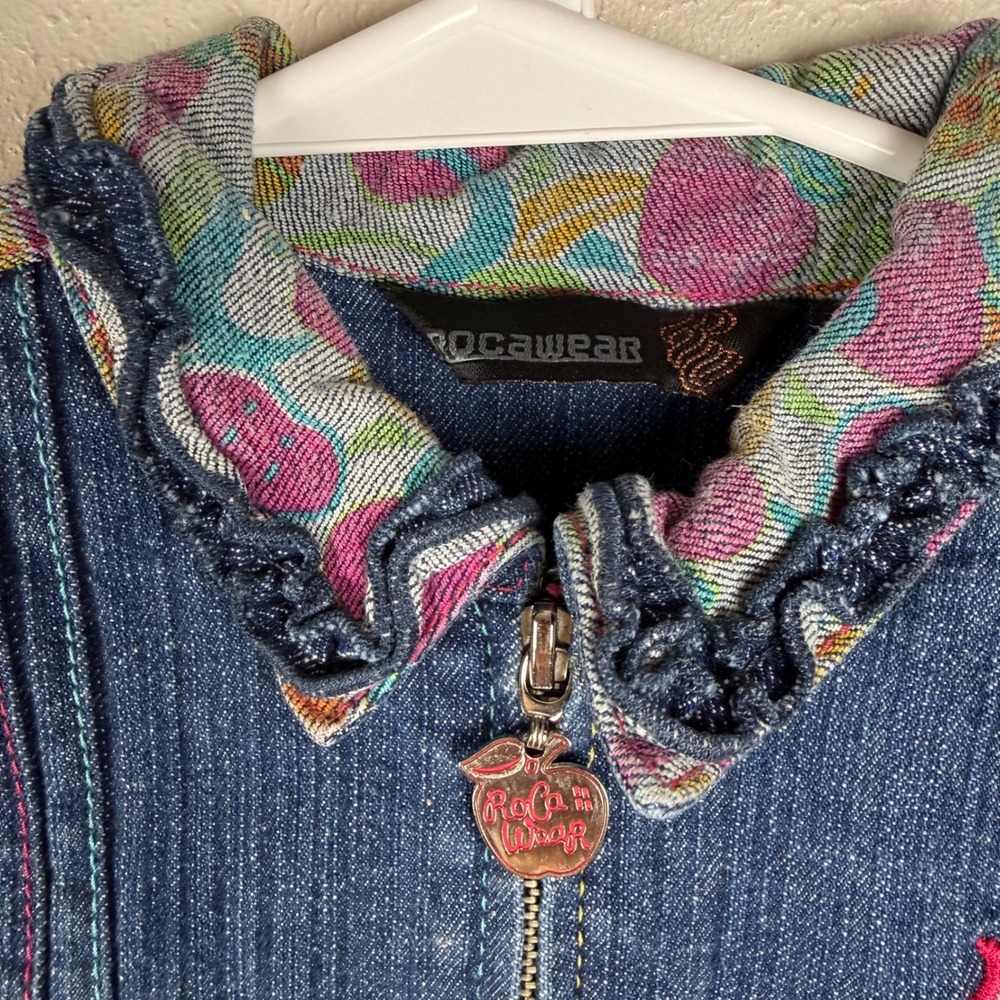 Rocawear Girls Denim Dress Blue Fruit Print Back Rhinestone Zip Front Size M 5 - Picture 2 of 10